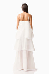 Brunette model wearing Moss Tiered Gown in White back shot