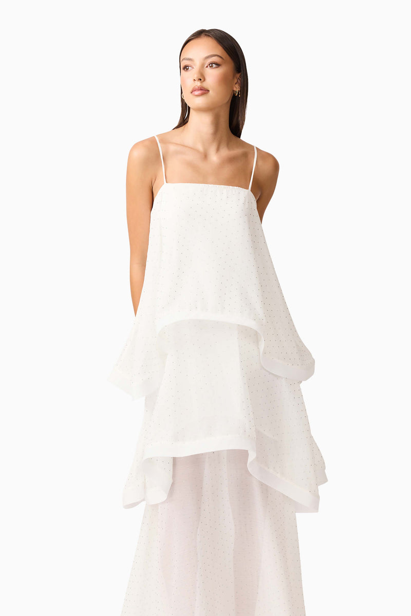 Brunette model wearing Moss Tiered Gown in White close up shot