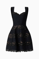 Emberly Lace Mini Dress in Black with thick straps and sweetheart neckline ghost shot