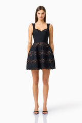 Emberly Lace Mini Dress in Black with thick straps and sweetheart neckline front shot  