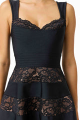 Emberly Lace Mini Dress in Black with thick straps and sweetheart neckline detail shot