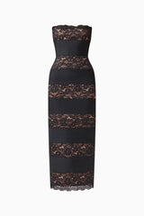 Emberly Strapless Gown in Black with contrast lace multi panel design ghost shot