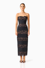Emberly Strapless Gown in Black with contrast lace multi panel design front shot