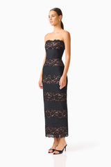 Emberly Strapless Gown in Black with contrast lace multi panel design side shot