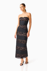 Emberly Strapless Gown in Black with contrast lace multi panel design side posed shot