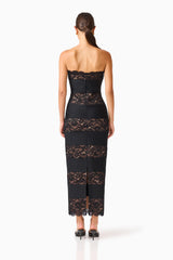 Emberly Strapless Gown in Black with contrast lace multi panel design back shot