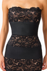 Emberly Strapless Gown in Black with contrast lace multi panel design detail shot