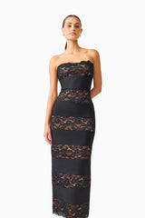Emberly Strapless Gown in Black with contrast lace multi panel design posed shot