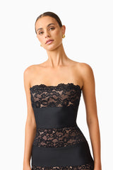 Emberly Strapless Gown in Black with contrast lace multi panel design close up shot