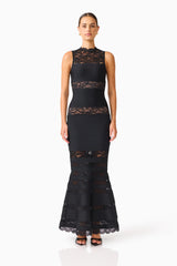 Emberly Lace Gown in Black with sleeveless detailing, a high neckline & fishtail silhouette front shot