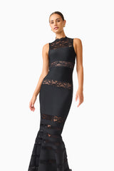 Emberly Lace Gown in Black with sleeveless detailing, a high neckline & fishtail silhouette close up shot