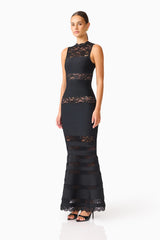 Emberly Lace Gown in Black with sleeveless detailing, a high neckline & fishtail silhouette side shot