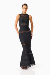 Emberly Lace Gown in Black with sleeveless detailing posed shot