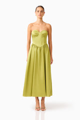 Camellin Sweetheart Gown in Khaki Green with a strapless sweetheart neckline front shot