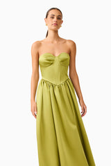 Camellin Sweetheart Gown in Khaki Green with a strapless sweetheart neckline close up shot