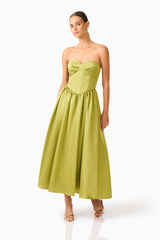 Camellin Sweetheart Gown in Khaki Green with a strapless sweetheart neckline posed shot