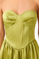 Camellin Sweetheart Gown in Khaki Green with a strapless sweetheart neckline detail shot