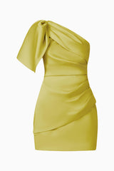 Camellin Asymmetric One Shoulder Mini Dress in Khaki Green with shoulder ruffle & fitted silhouette ghost shot