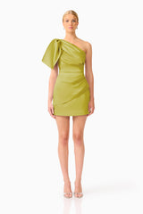 Camellin Asymmetric One Shoulder Mini Dress in Khaki Green with shoulder ruffle & fitted silhouette front shot