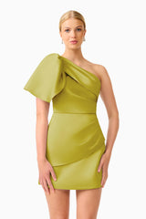 Camellin Asymmetric One Shoulder Mini Dress in Khaki Green with shoulder ruffle & fitted silhouette close up shot