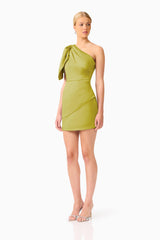 Camellin Asymmetric One Shoulder Mini Dress in Khaki Green with shoulder ruffle & fitted silhouette side shot