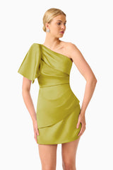 Camellin Asymmetric One Shoulder Mini Dress in Khaki Green with shoulder ruffle & fitted silhouette close up shot