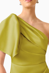 Camellin Asymmetric One Shoulder Mini Dress in Khaki Green with shoulder ruffle & fitted silhouette detail shot