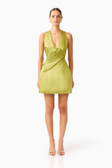 Camellin Tulip Mini Dress in Khaki Green with sleeveless details , V-shaped neckline front shot 