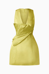 Camellin Tulip Mini Dress in Khaki Green with sleeveless details , V-shaped neckline ghost shot 