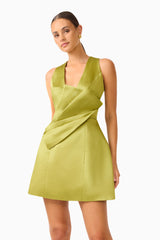 Camellin Tulip Mini Dress in Khaki Green with sleeveless details , V-shaped neckline close up shot 