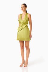 Camellin Tulip Mini Dress in Khaki Green with sleeveless details , V-shaped neckline side shot 
