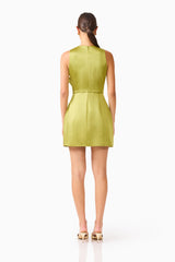 Camellin Tulip Mini Dress in Khaki Green with sleeveless details , V-shaped neckline back shot 