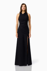 Valessa Asymmetrical Gown in Black with asymmetrical tuck neckline &  sleeveless silhouette front shot