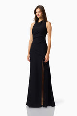 Valessa Asymmetrical Gown in Black with asymmetrical tuck neckline &  sleeveless silhouette side shot