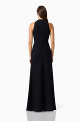 Valessa Asymmetrical Gown in Black with asymmetrical tuck neckline &  sleeveless silhouette back shot