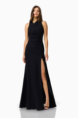 Valessa Asymmetrical Gown in Black with asymmetrical tuck neckline &  sleeveless silhouette psoed shot