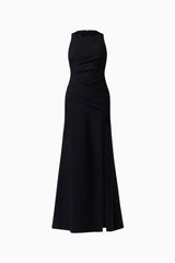 Valessa Asymmetrical Gown in Black with asymmetrical tuck neckline &  sleeveless silhouette ghost shot