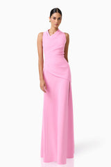 Valessa Asymmetrical Gown in Pink sleeveless with asymmetrical neckline posed shot