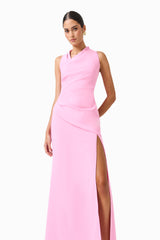 Valessa Asymmetrical Gown in Pink sleeveless with asymmetrical neckline close up posed shot