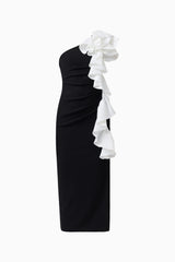 Valessa One Shoulder Midi in Black & White with sleeveless detailing &  asymmetric ruffle detailing ghost shot 