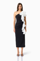 Valessa One Shoulder Midi in Black & White with sleeveless detailing &  asymmetric ruffle detailing front shot 
