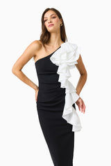 Valessa One Shoulder Midi in Black & White with sleeveless detailing &  asymmetric ruffle detailing close up shot 