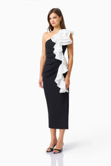 Valessa One Shoulder Midi in Black & White with sleeveless detailing &  asymmetric ruffle detailing side shot 