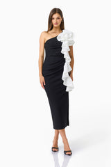 Valessa One Shoulder Midi in Black & White with sleeveless detailing &  asymmetric ruffle detailing posed shot 