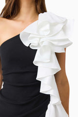 Valessa One Shoulder Midi in Black & White with sleeveless detailing &  asymmetric ruffle detailing detail shot 