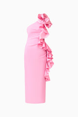 Valessa One Shoulder Midi in Pink with sleeveless detailing &  asymmetric ruffle detailing ghost shot 
