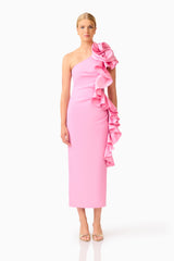 Valessa One Shoulder Midi in Pink with sleeveless detailing &  asymmetric ruffle detailing front shot 