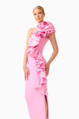 Valessa One Shoulder Midi in Pink with sleeveless detailing &  asymmetric ruffle detailing close up shot 