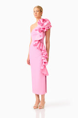 Valessa One Shoulder Midi in Pink with sleeveless detailing &  asymmetric ruffle detailing side shot 