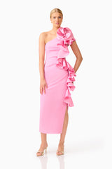Valessa One Shoulder Midi in Pink with sleeveless detailing &  asymmetric ruffle detailing posed shot 